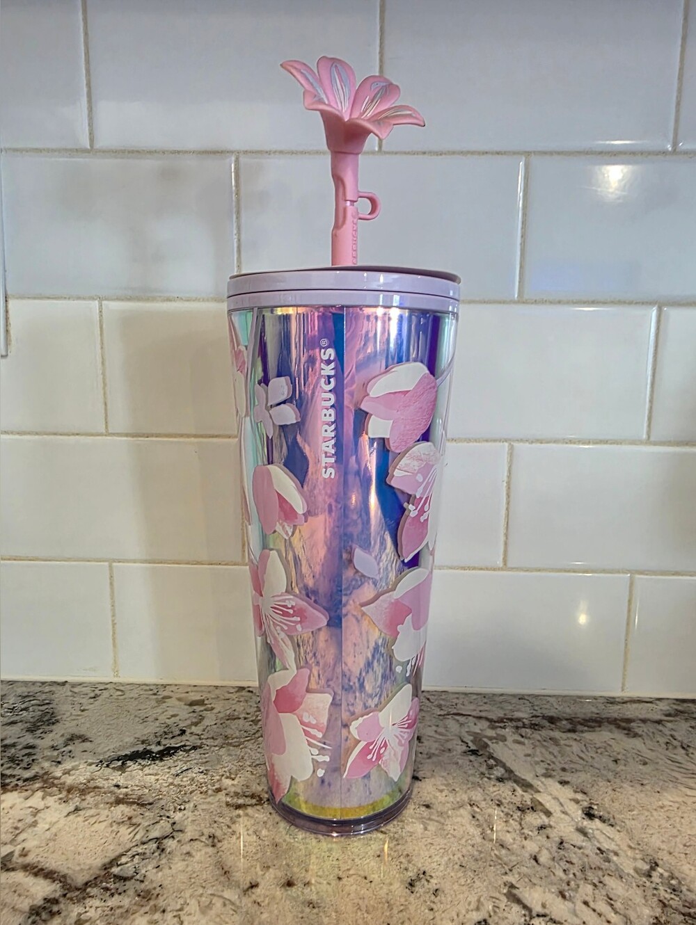 Starbucks 2025 Cherry Blossom Iridescent 24oz Cold Cup Flower Straw Topper